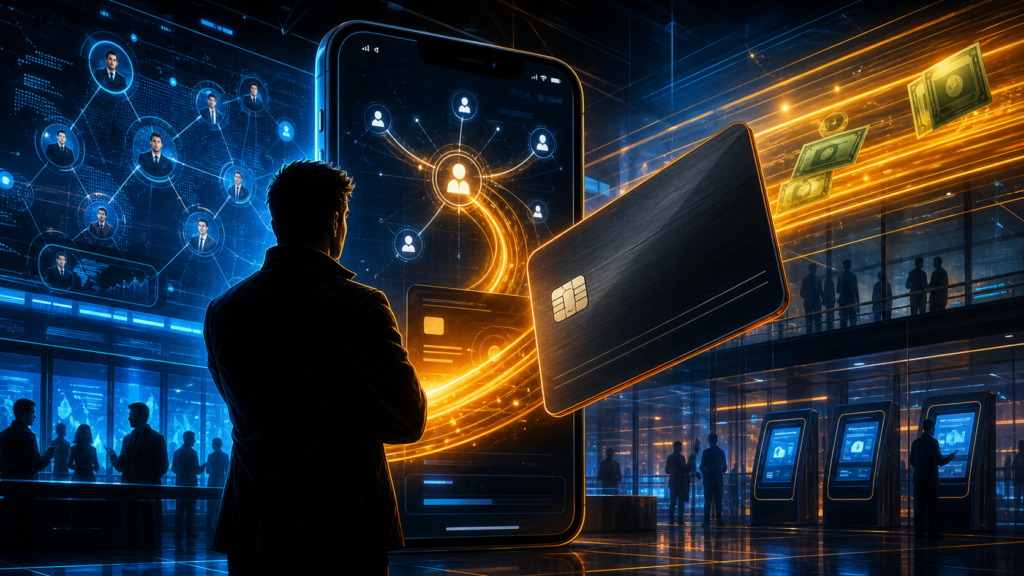 Elon Musk lance X Money et transforme X en plateforme de paiement Silhouette de dirigeant devant une application sociale transformée en plateforme de paiement