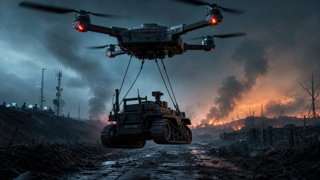 Guerre automatisée : un drone transporte un robot au front