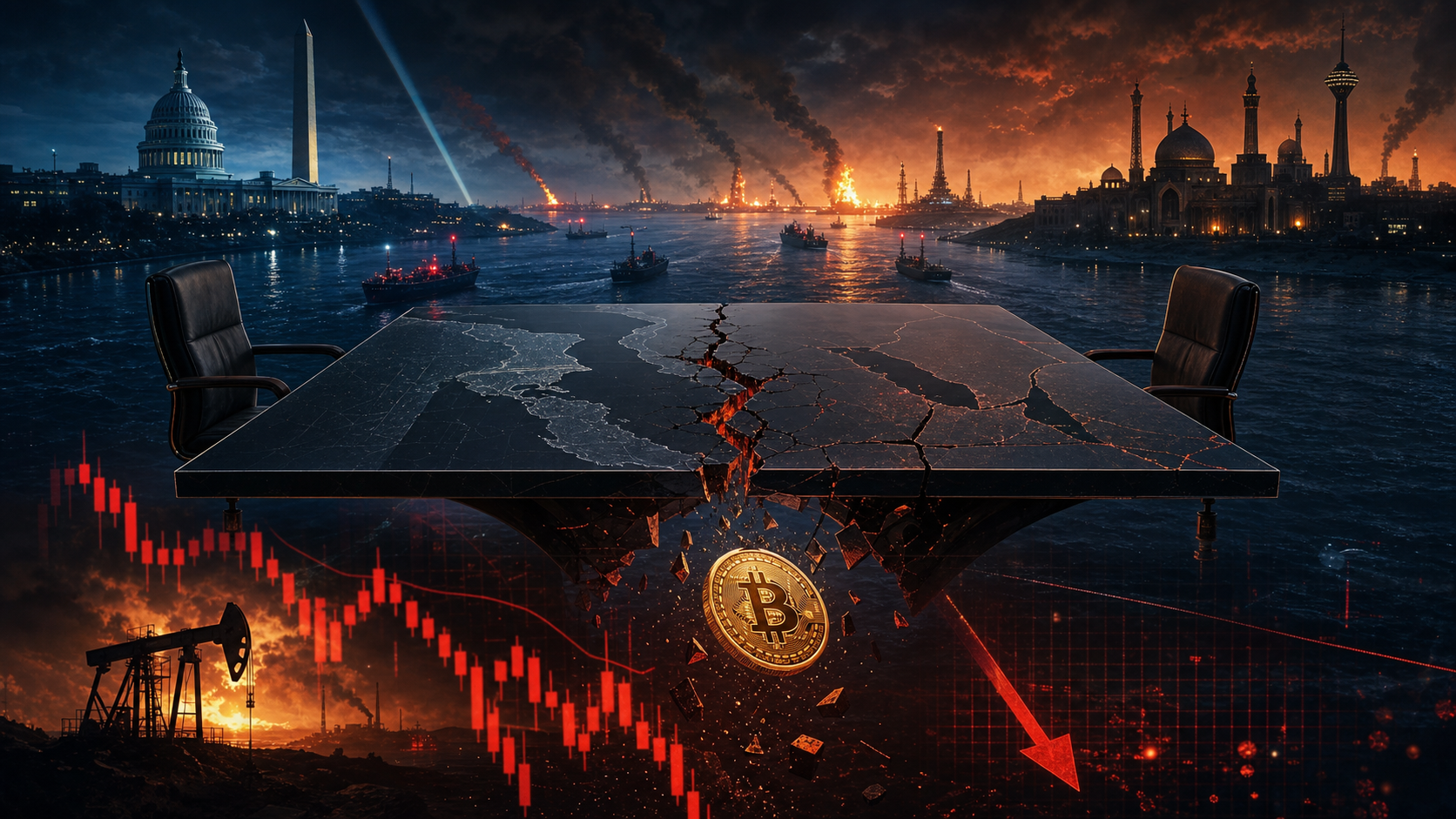 Image éditoriale illustrant l’impasse diplomatique entre Téhéran et Washington, le risque pétrolier et la pression sur Bitcoin.