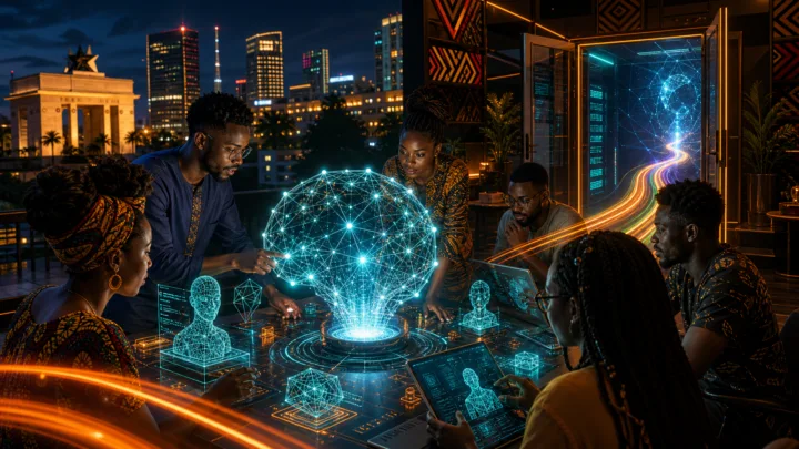 Fondateurs africains travaillant sur des prototypes d’intelligence artificielle dans un laboratoire à Accra