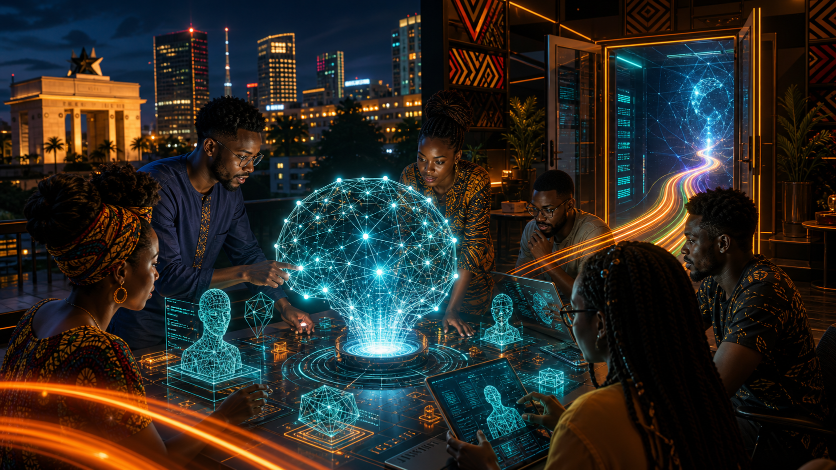 Fondateurs africains travaillant sur des prototypes d’intelligence artificielle dans un laboratoire à Accra