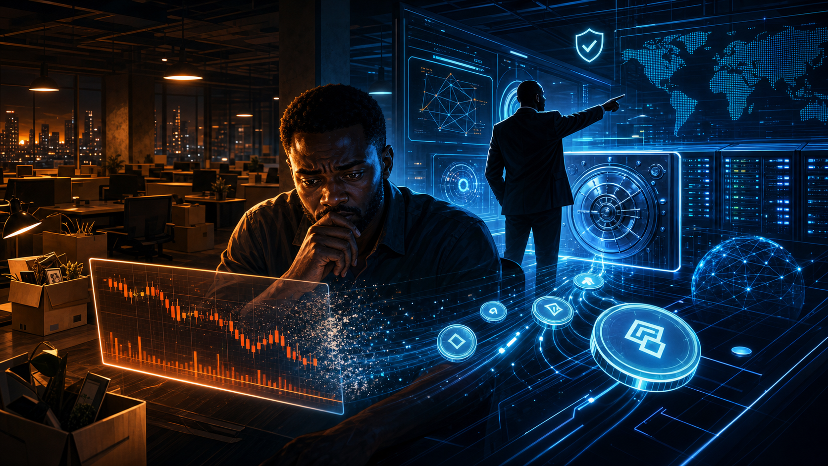 Employé fintech inquiet dans un bureau africain face à un réseau crypto institutionnel