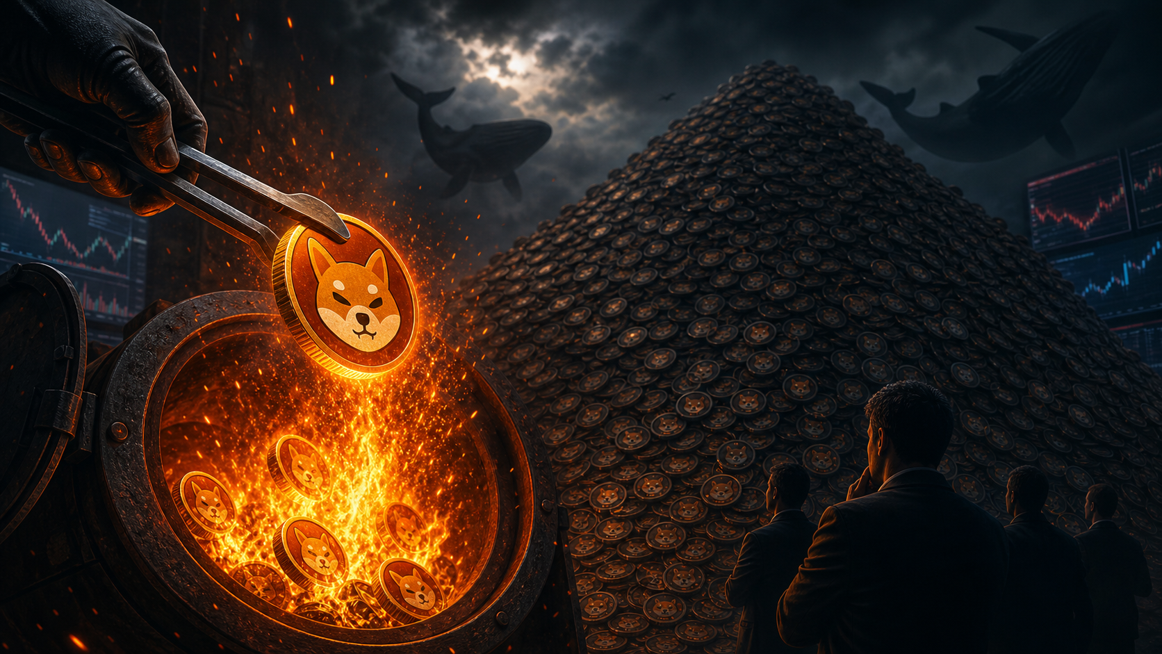 Jetons Shiba Inu jetes dans un brasier devant une enorme reserve de tokens