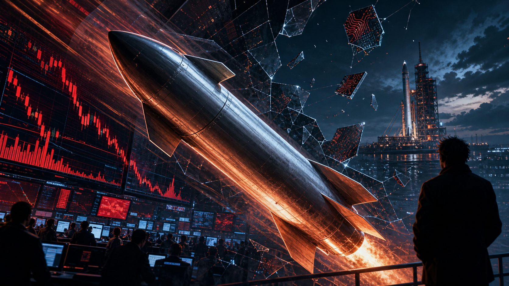 Image éditoriale illustrant la chute de SpaceX en Bourse et les inquiétudes sur les valorisations liées à l’intelligence artificielle.