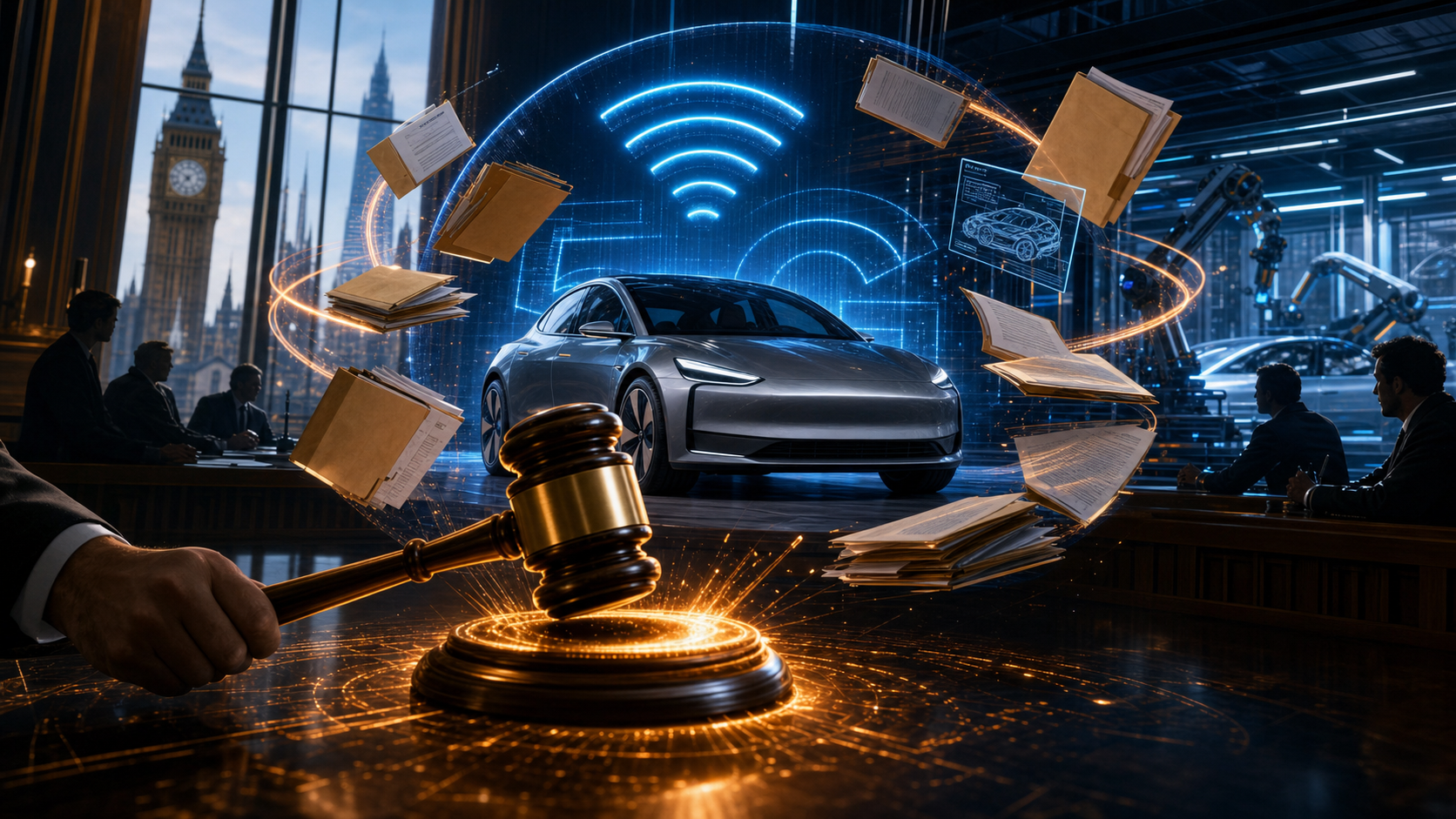 Voiture électrique dans un tribunal britannique entourée de signaux 5G et de dossiers de brevets