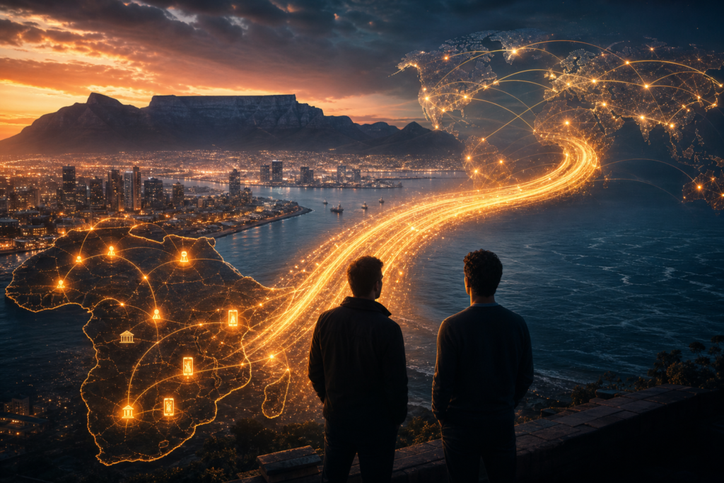 Actu crypto Afrique : BVNK passe de l’Afrique du Sud à 1,8 milliard de dollars Illustration de BVNK reliant les paiements stablecoins africains aux réseaux mondiaux