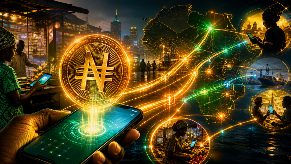 Un naira numérique lumineux circule sur des rails blockchain à travers l’Afrique.