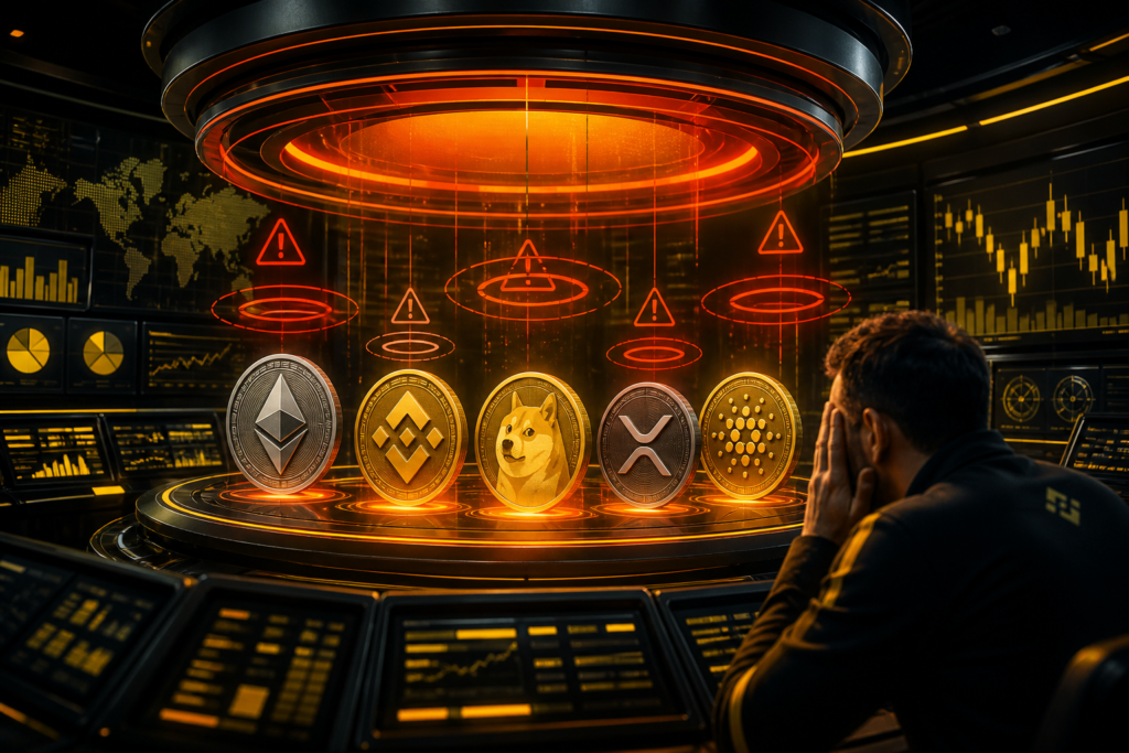 Illustration de cinq cryptos placées sous surveillance par Binance