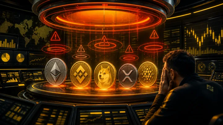 Illustration de cinq cryptos placées sous surveillance par Binance
