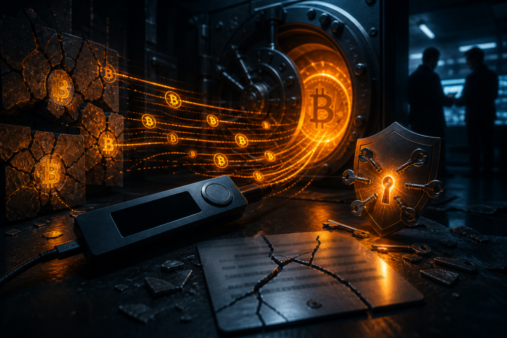 Illustration de bitcoins migrés après une faille de portefeuille matériel Coldcard