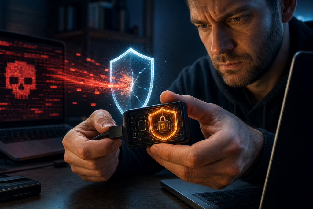 Bitcoin : deux failles sévères découvertes dans les wallets BitBox, une mise à jour urgente s’impose Utilisateur sécurisant un hardware wallet Bitcoin grâce à une mise à jour du firmware