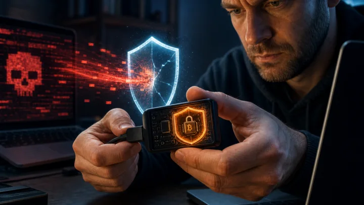Utilisateur sécurisant un hardware wallet Bitcoin grâce à une mise à jour du firmware