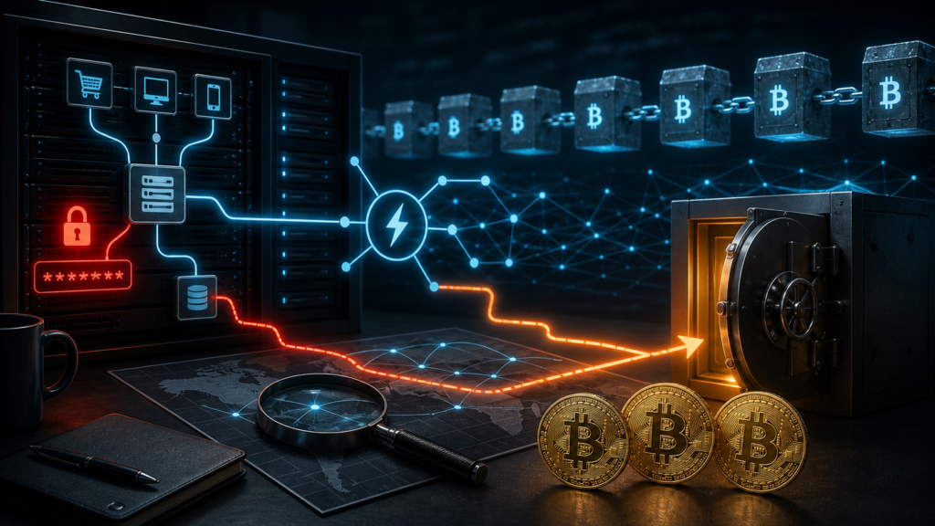 Bitcoin : BTCPay Server offre jusqu’à 3 BTC pour récupérer les fonds volés Trois Bitcoin devant un serveur Lightning compromis et un coffre sécurisé