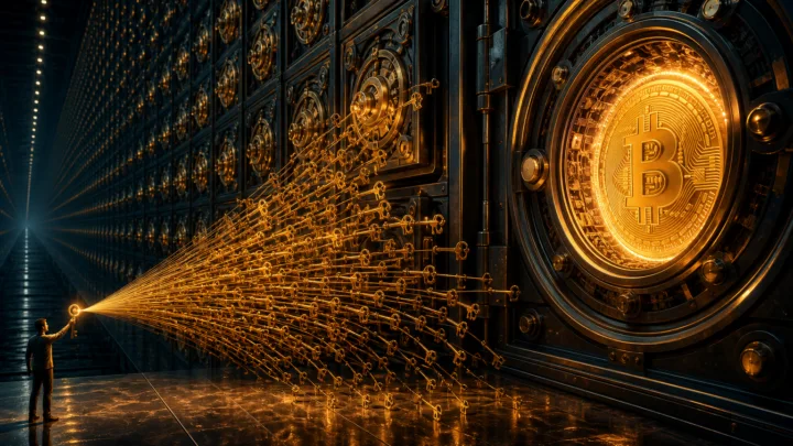 Une clé unique se divisant devant des milliers de coffres Bitcoin attribués à Satoshi