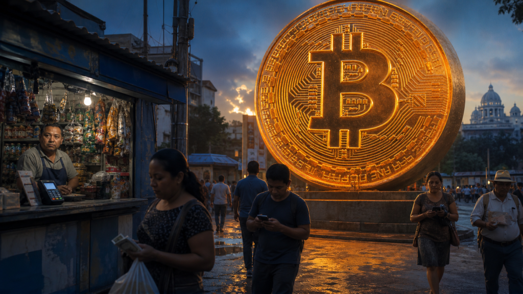 Monument Bitcoin dans une rue commerçante du Salvador au coucher du soleil