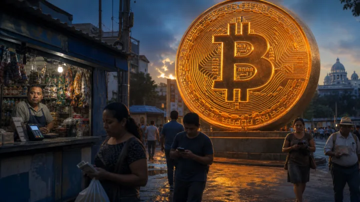 Monument Bitcoin dans une rue commerçante du Salvador au coucher du soleil
