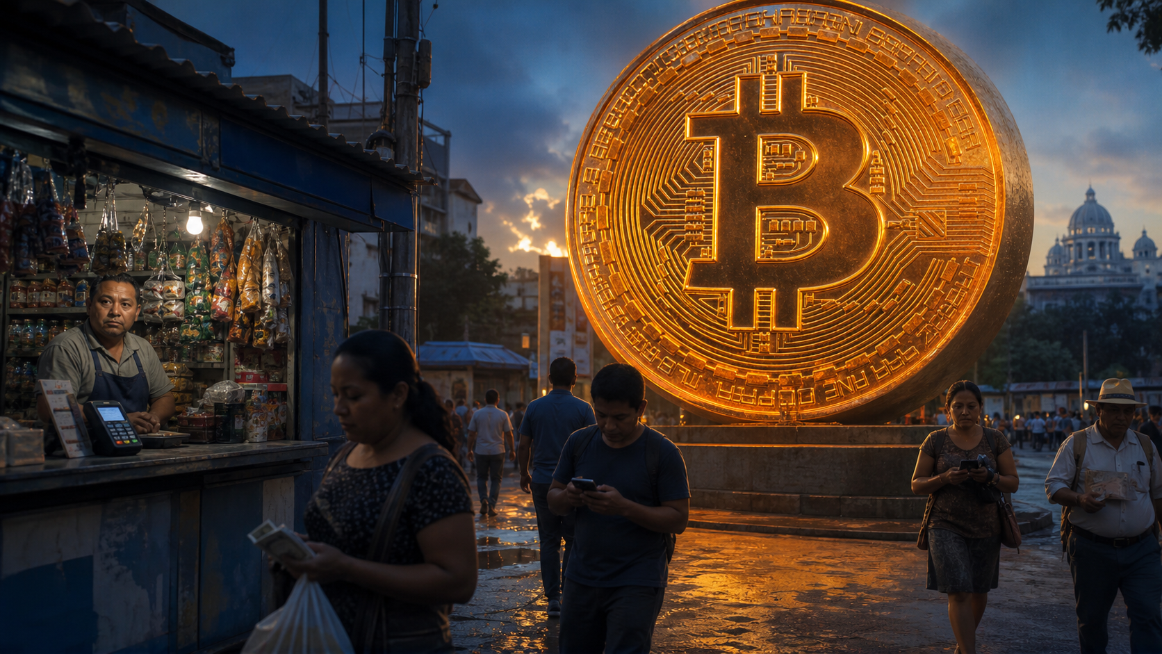 Monument Bitcoin dans une rue commerçante du Salvador au coucher du soleil