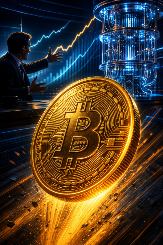 Bitcoin grimpe malgré l’annonce de vente de Jim Cramer liée au risque quantique Bitcoin en hausse devant un ordinateur quantique et un animateur financier inquiet