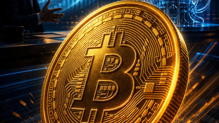 Bitcoin en hausse devant un ordinateur quantique et un animateur financier inquiet