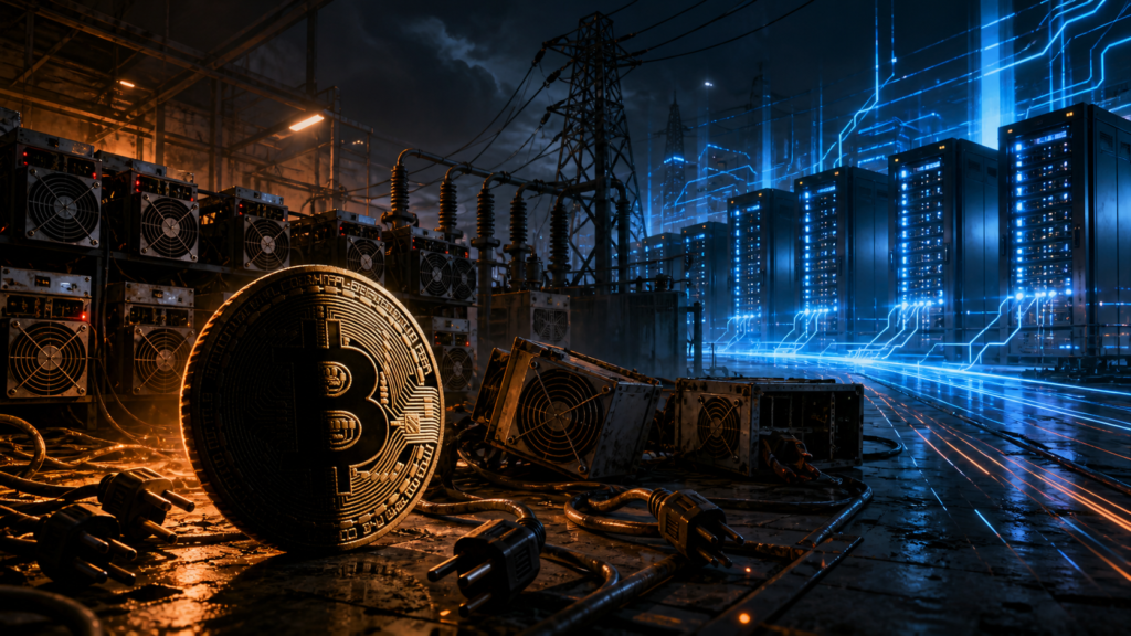 Machines de minage Bitcoin éteintes devant des centres de données IA lumineux