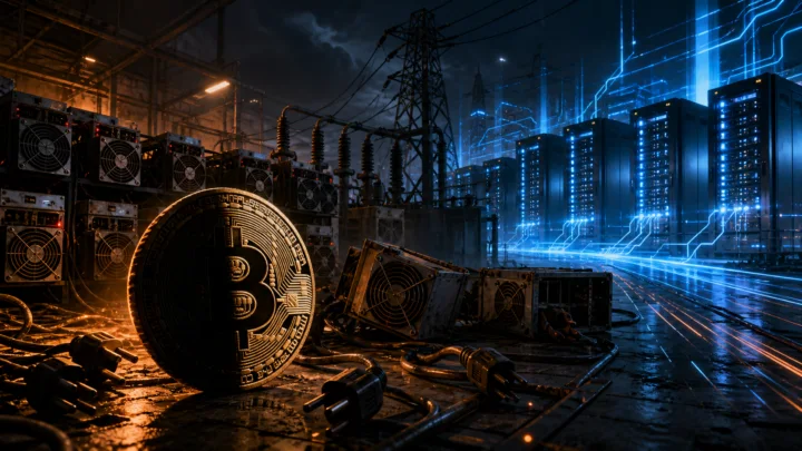 Machines de minage Bitcoin éteintes devant des centres de données IA lumineux