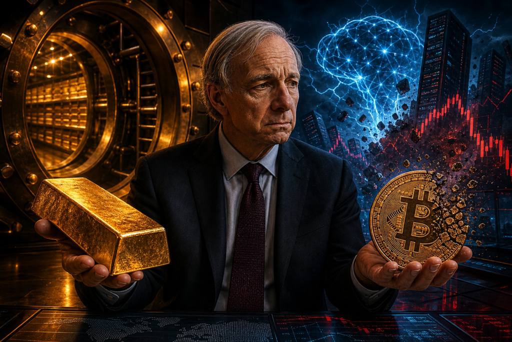 Ray Dalio comparant un lingot d’or et Bitcoin face à une bulle IA