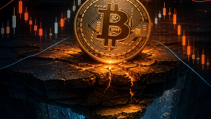 Illustration de Bitcoin posé sur un support fragile au-dessus d’un gouffre de marché