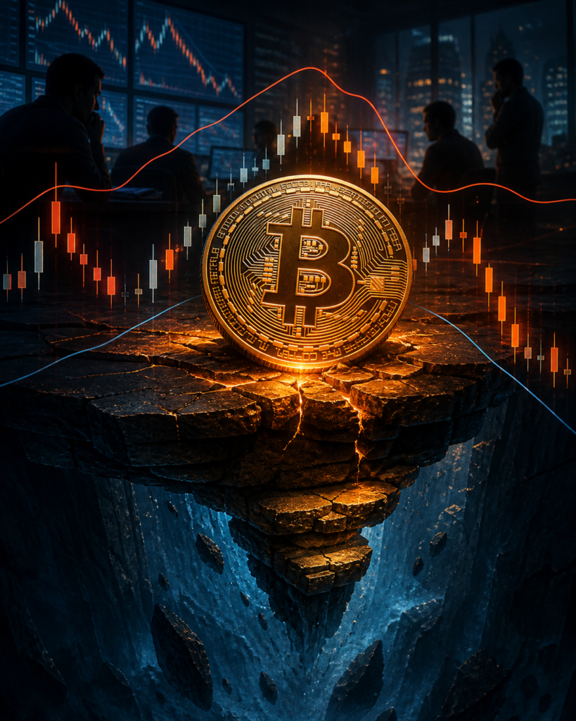 Illustration de Bitcoin posé sur un support fragile au-dessus d’un gouffre de marché