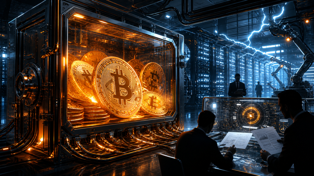 Des bitcoins enfermés dans un coffre de garantie devant des serveurs d’intelligence artificielle.