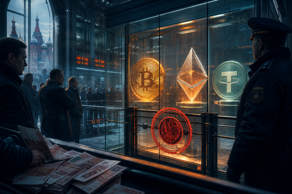 Illustration de Bitcoin Ethereum et USDT dans un marché russe réglementé