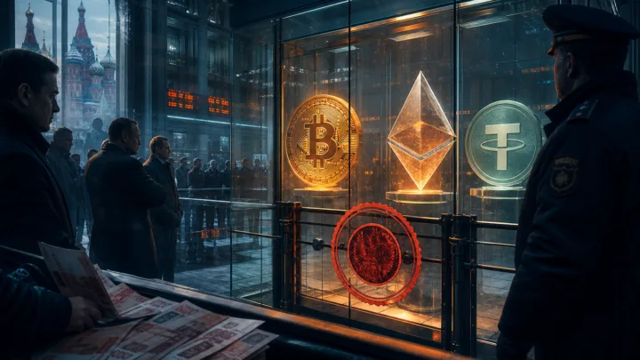 Illustration de Bitcoin Ethereum et USDT dans un marché russe réglementé