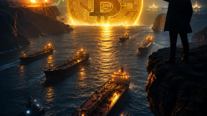 Bitcoin au-dessus d’un détroit maritime avec des pétroliers sous tension