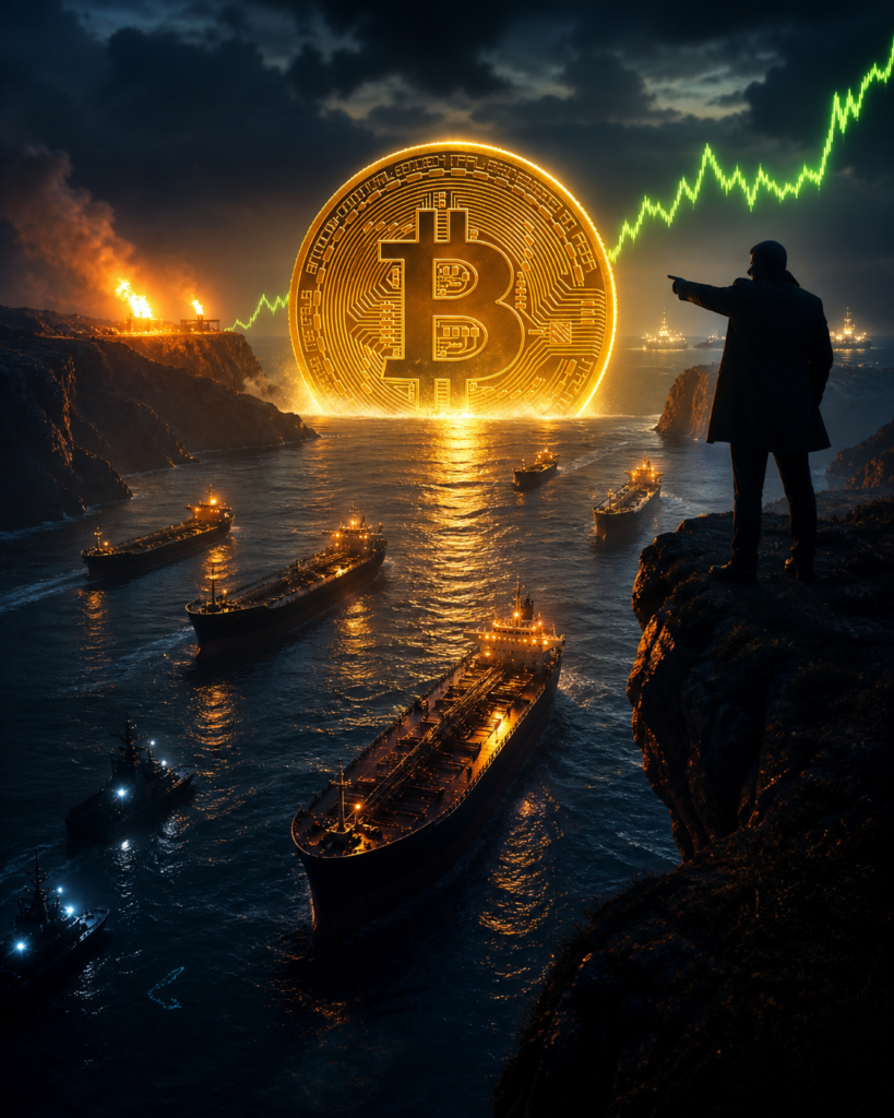Bitcoin au-dessus d’un détroit maritime avec des pétroliers sous tension