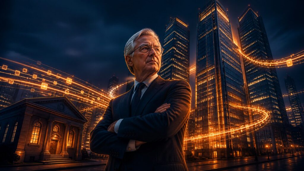 Blockchain : l’ex-patron de Signature Bank prévient, les grandes banques vont attaquer les petites Banquier observant de grandes tours financières reliées par des paiements blockchain