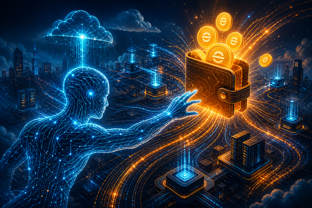 Agent IA recevant un portefeuille programmable rempli de stablecoins