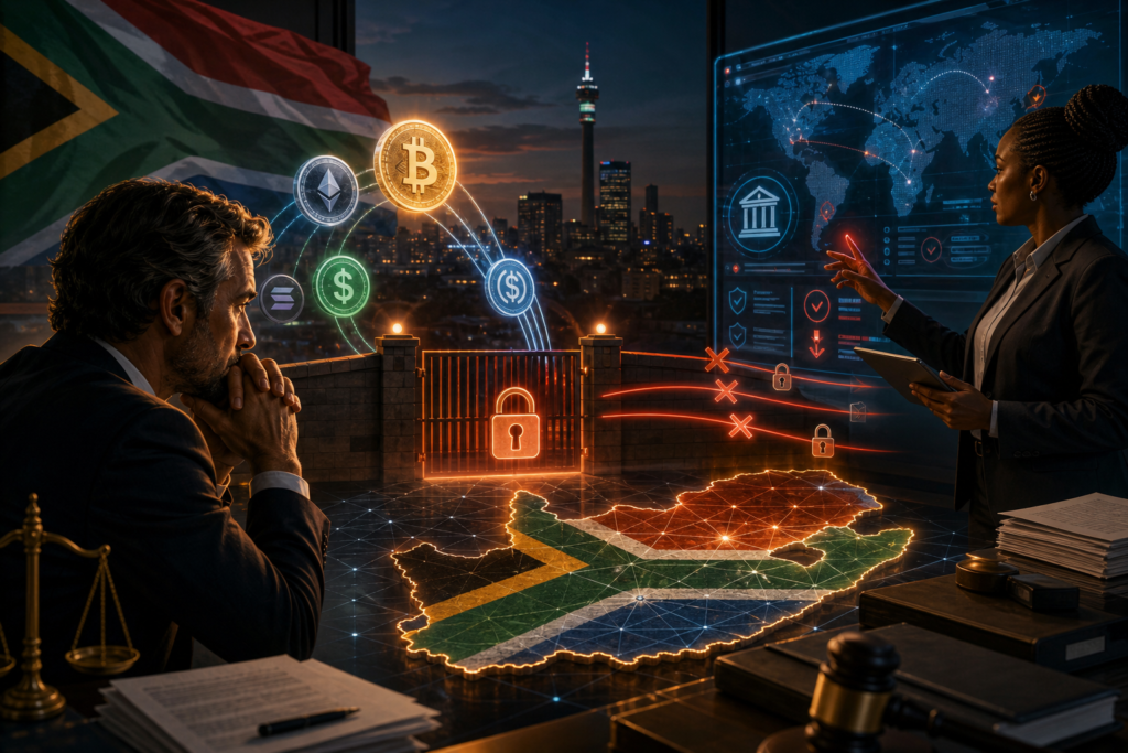 Des transferts crypto internationaux bloqués devant une carte de l’Afrique du Sud