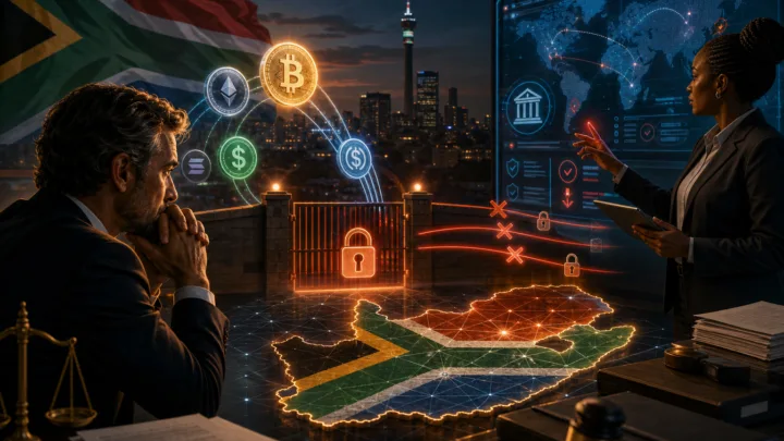 Des transferts crypto internationaux bloqués devant une carte de l’Afrique du Sud