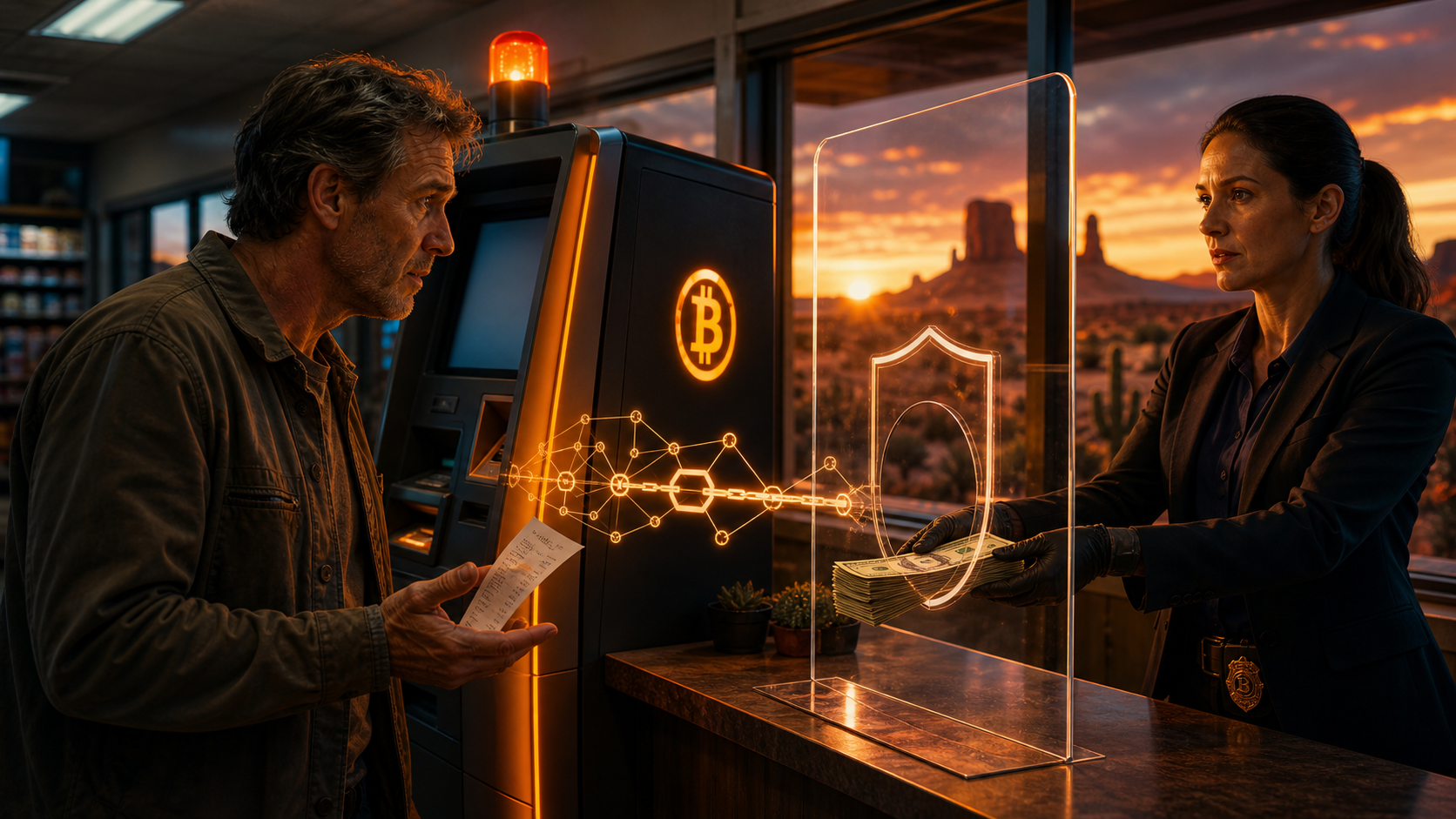 Victime d’une arnaque recevant un remboursement près d’un distributeur crypto en Arizona