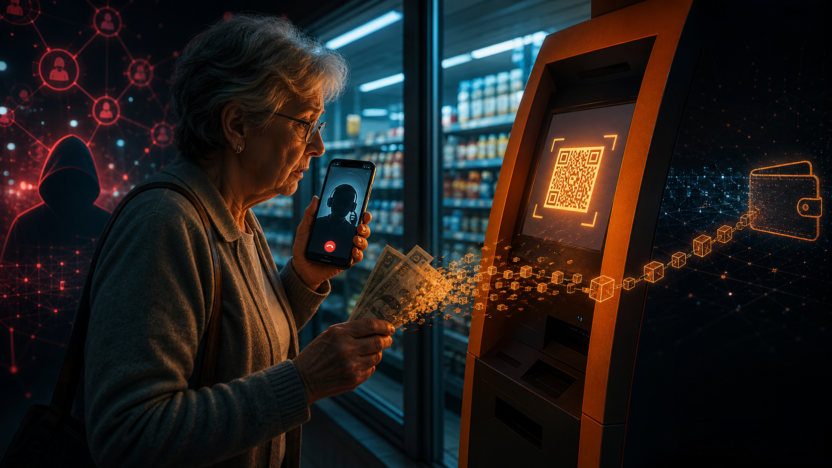 Une personne âgée hésite devant un distributeur crypto après les instructions d’un fraudeur par téléphone