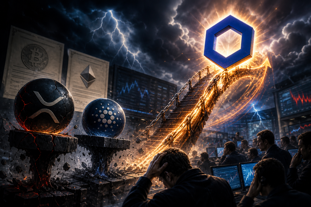 Illustration de Chainlink en hausse pendant que XRP et Cardano testent leurs supports