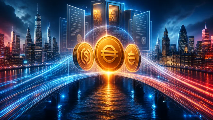 Pont numérique entre New York et Londres avec des stablecoins et des réserves financières.