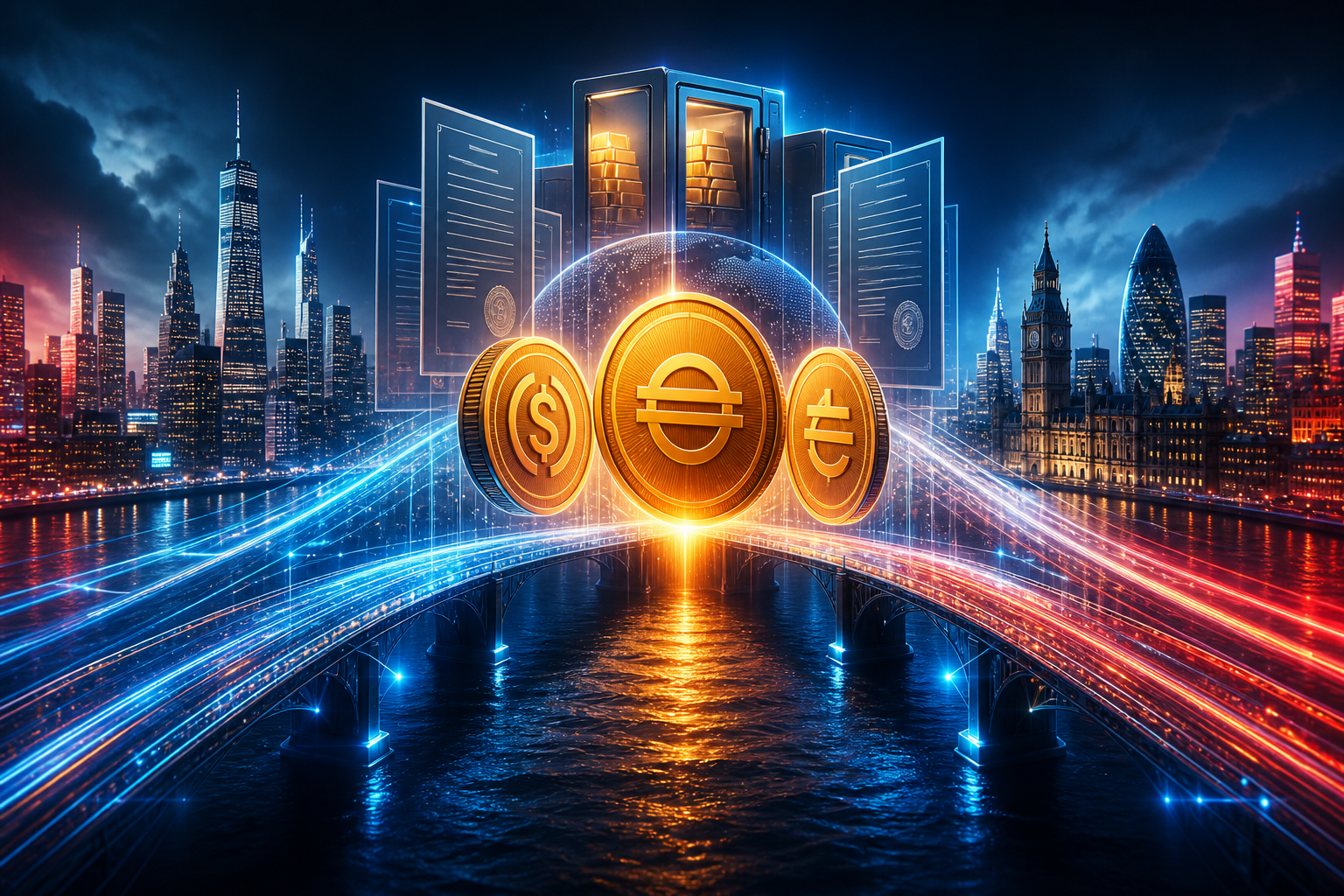 Pont numérique entre New York et Londres avec des stablecoins et des réserves financières.