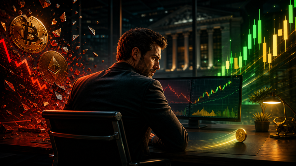 Investisseur entre un marché crypto en baisse et des actions en hausse, illustrant les résultats d’eToro