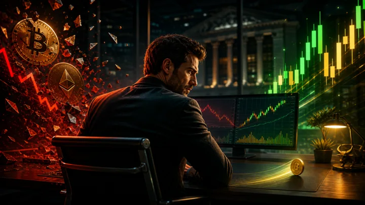 Investisseur entre un marché crypto en baisse et des actions en hausse, illustrant les résultats d’eToro