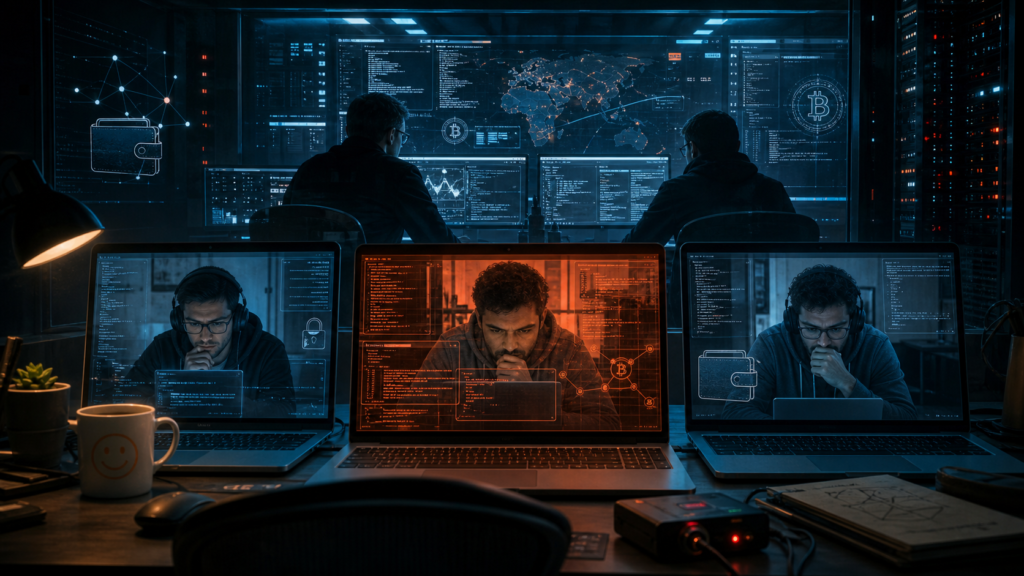 Trois développeurs à distance observés depuis un centre de cybersécurité