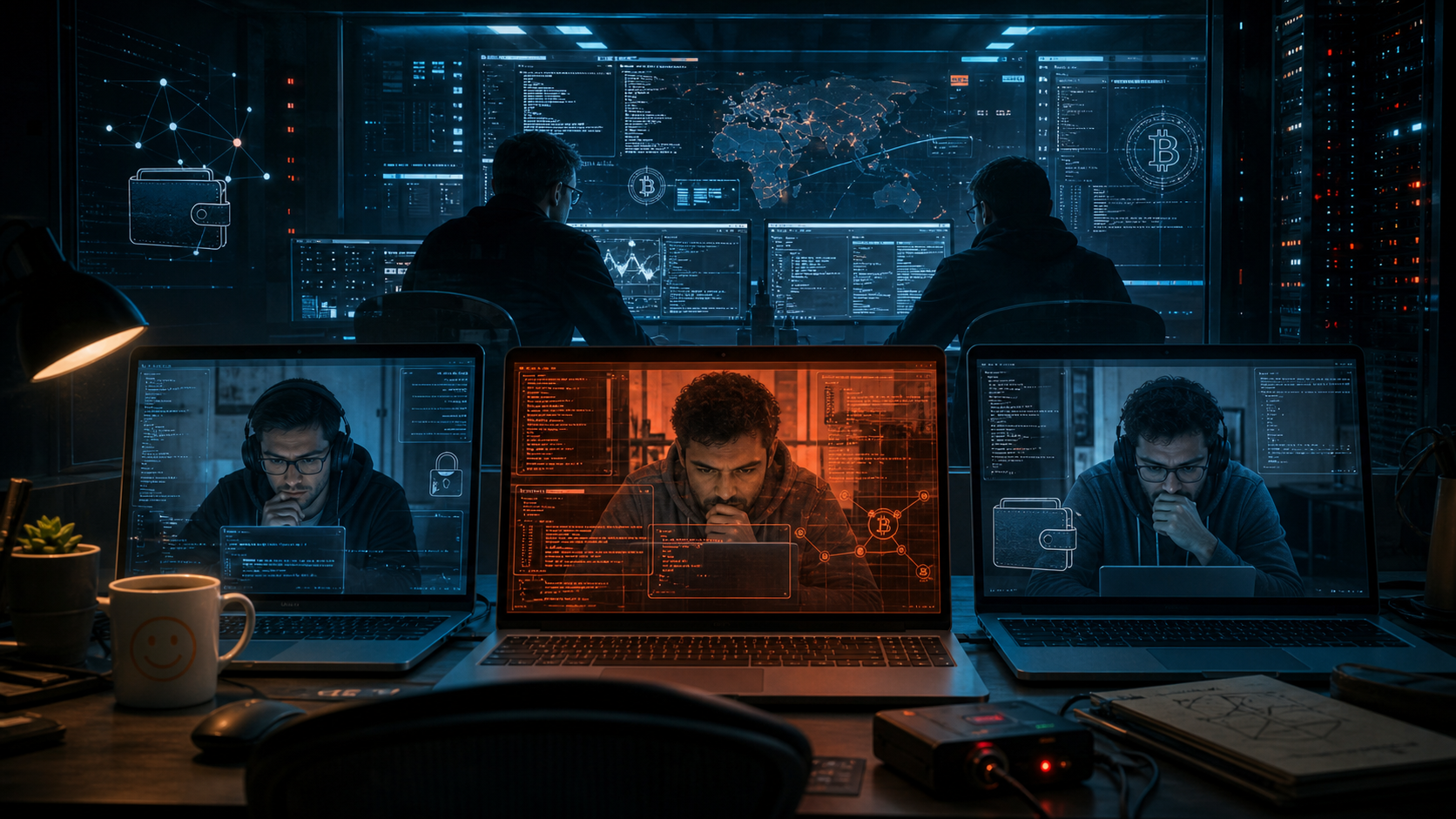 Trois développeurs à distance observés depuis un centre de cybersécurité