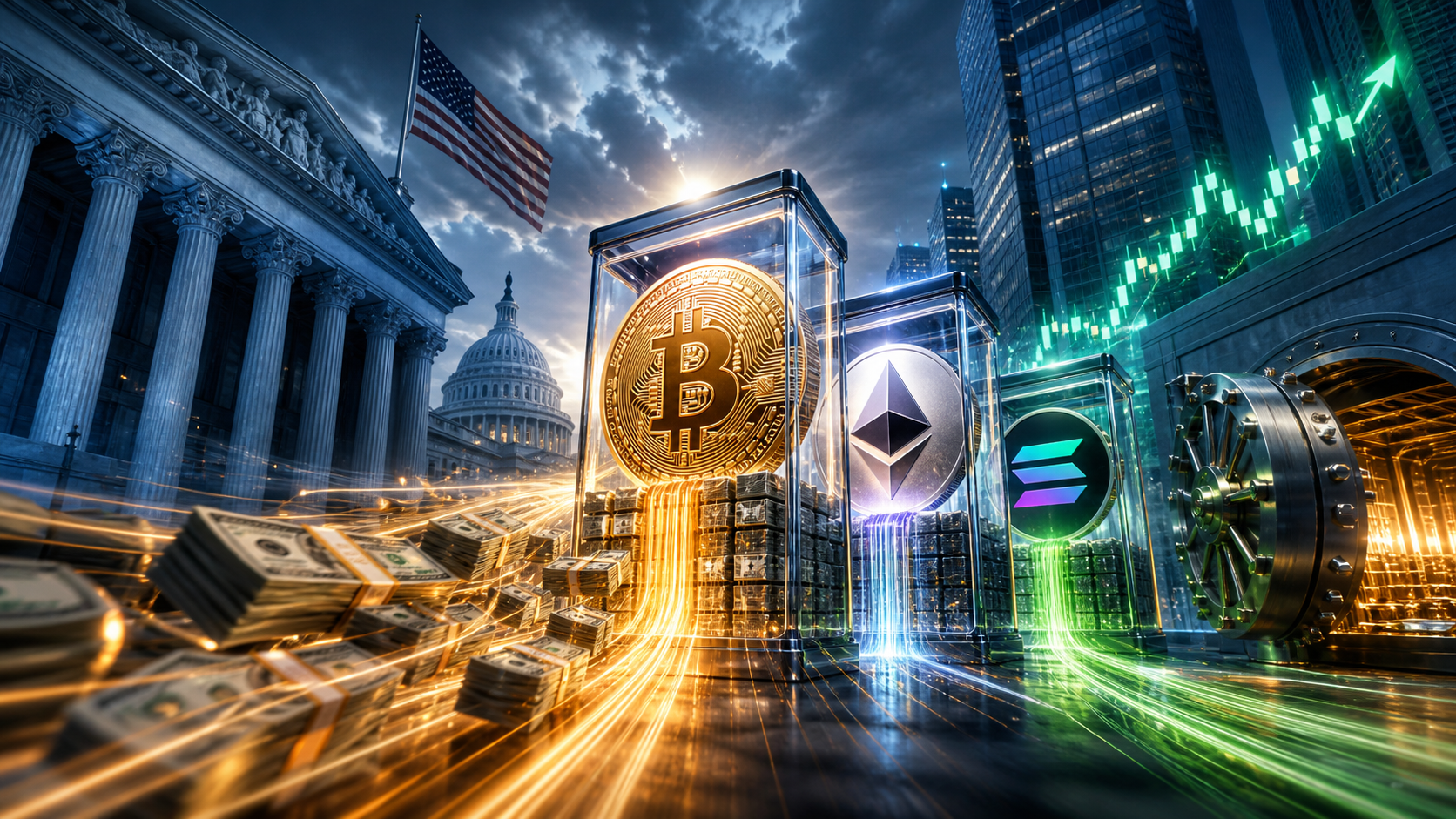 Flux institutionnels entrant dans les ETF Bitcoin, Ethereum et Solana