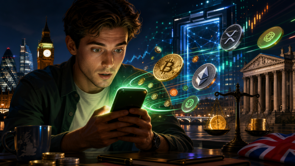 Crypto : Robinhood lance le trading sans frais au Royaume-Uni Investisseur britannique consultant une application de trading crypto avec des jetons numériques au-dessus de Londres
