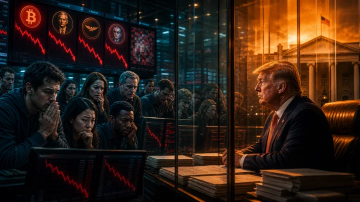 Donald Trump face à des investisseurs observant la chute de produits crypto associés à son nom