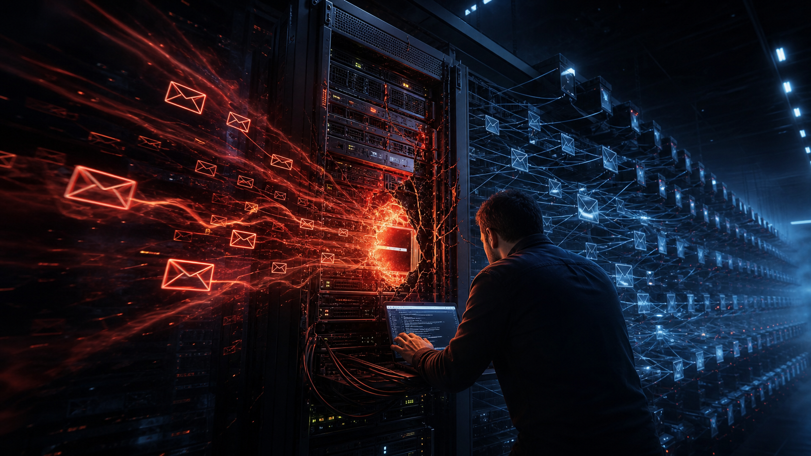 Administrateur intervenant sur des serveurs de messagerie compromis par une cyberattaque